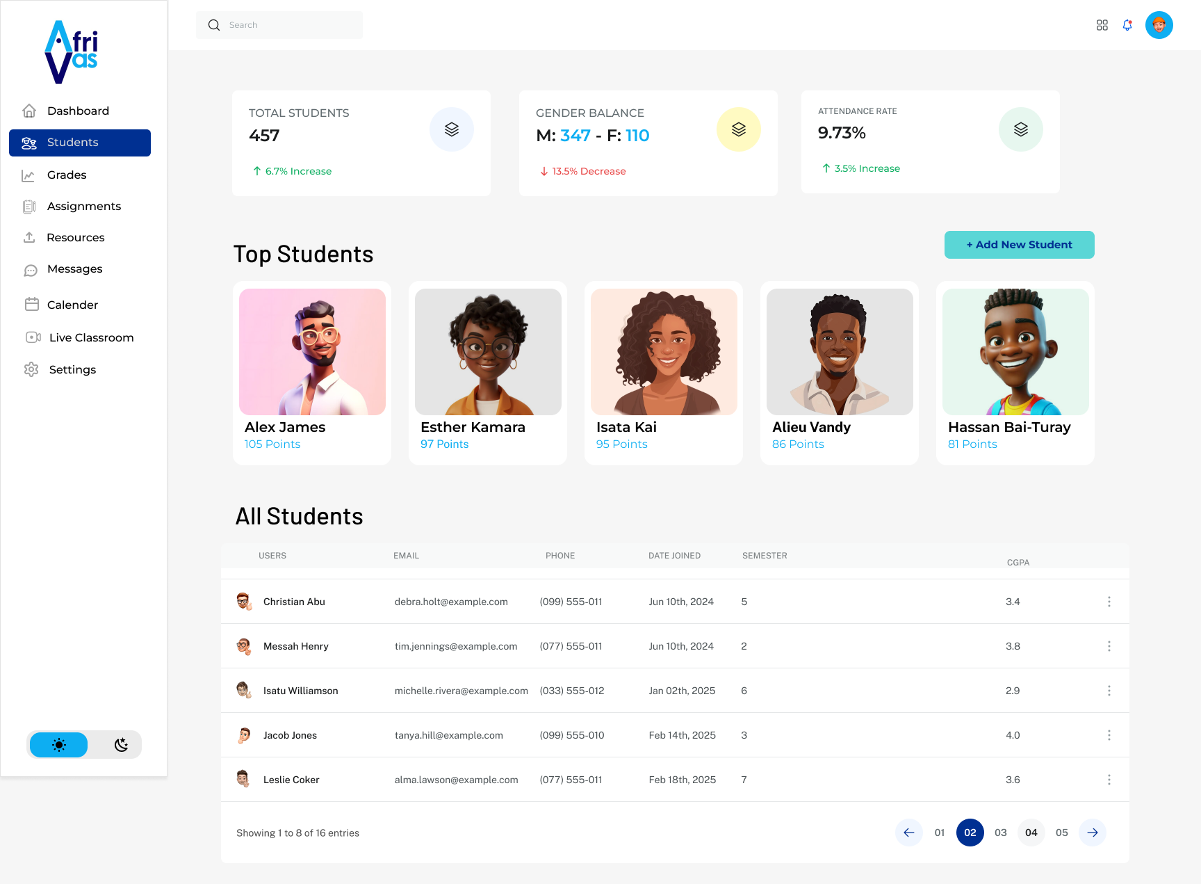 Student app interface